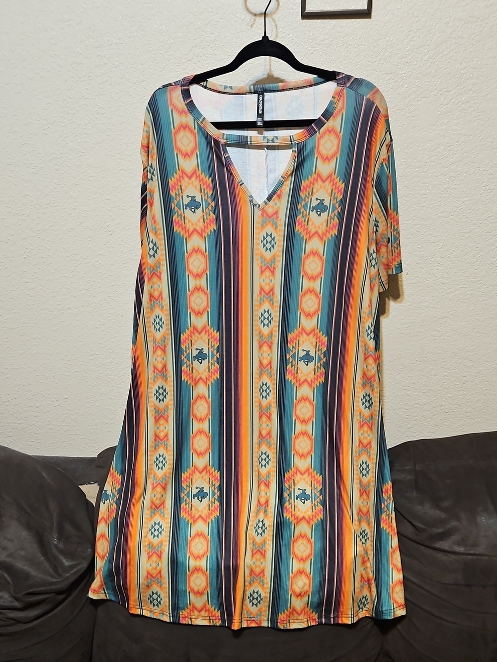 V-Neck Aztec Stripe Midi Dress - Teal & Orange